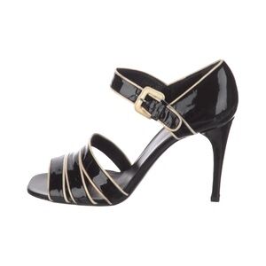 Vintage Prada Black and Tan Patent Leather Ankle Strap Sandals Heels EU 37.5